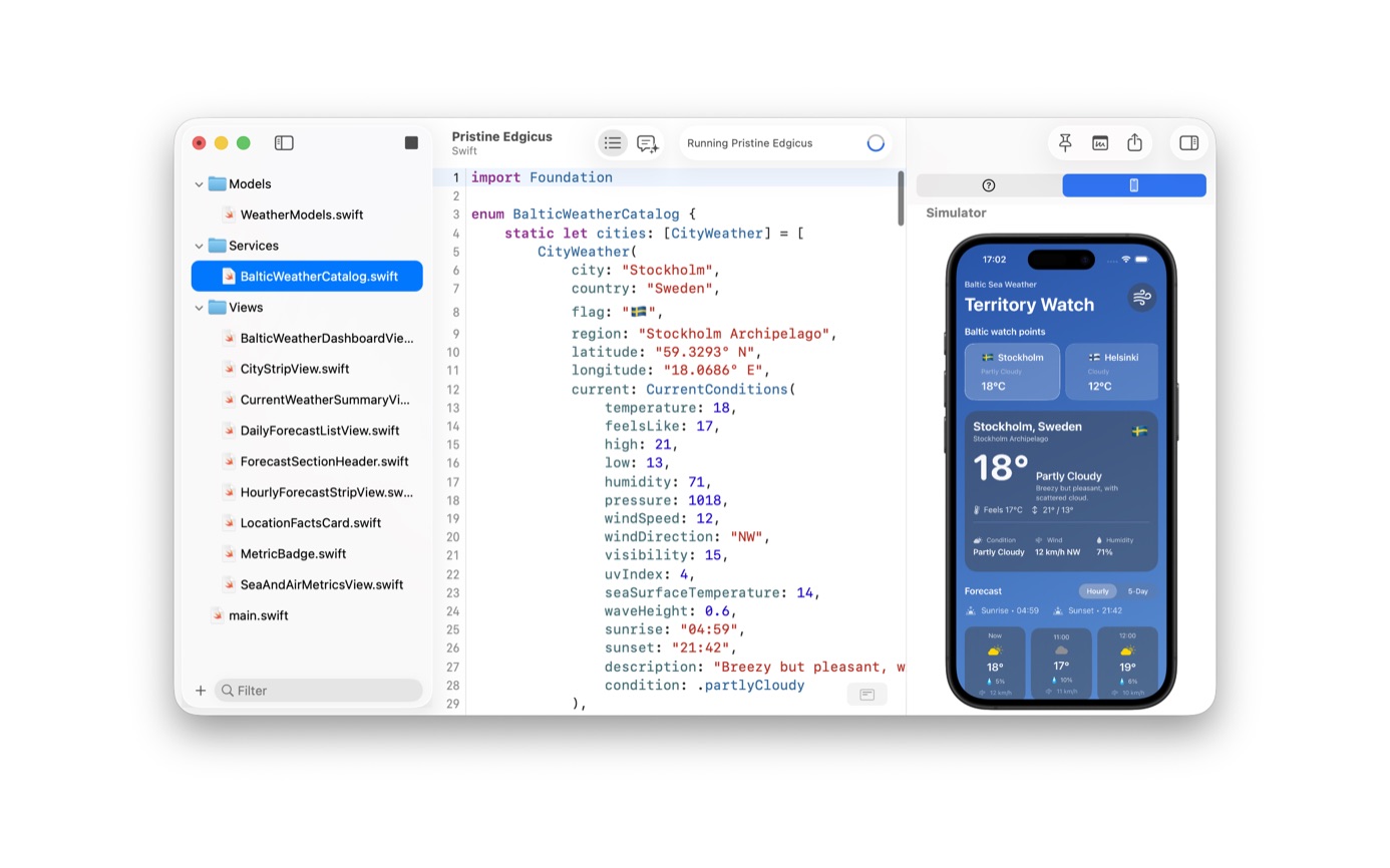 Notepad.exe showing SwiftUI weather source beside the iOS Simulator running that app